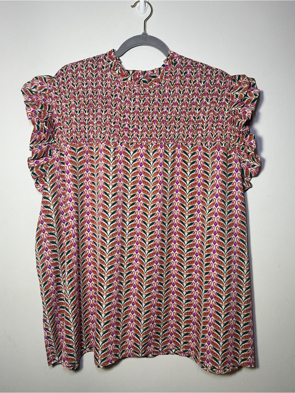 Chic Soul Women’s Boho Smocked Top with Geometric Pattern Pink Burgundy Size 3X